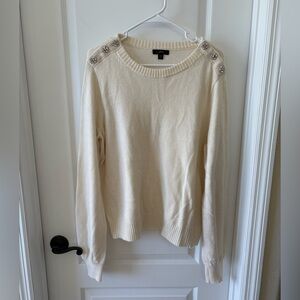 J.Crew Ivory Lambswool Blend Sweater XL Rhinestone Button Shoulder Detail